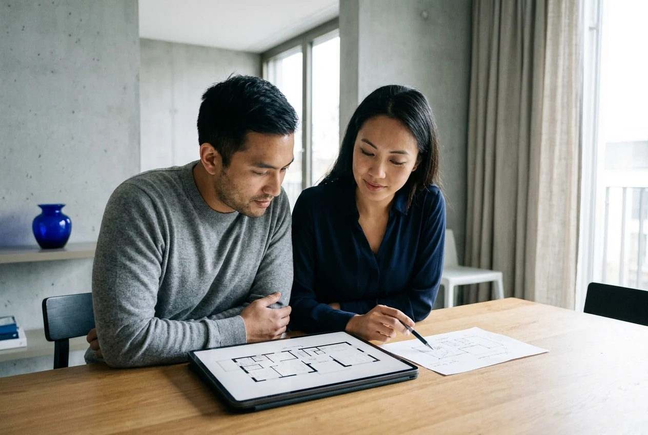 A couple comparing a digital floor plan with a paper sketch at home