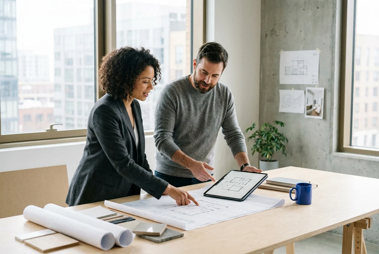 A renovation lead and architect discussing a floor plan at a worktable