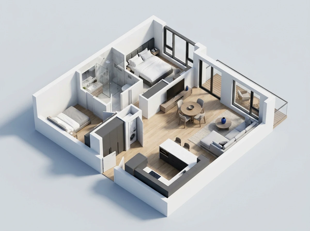 Axonometric furnished floor plan for Compact two-bedroom