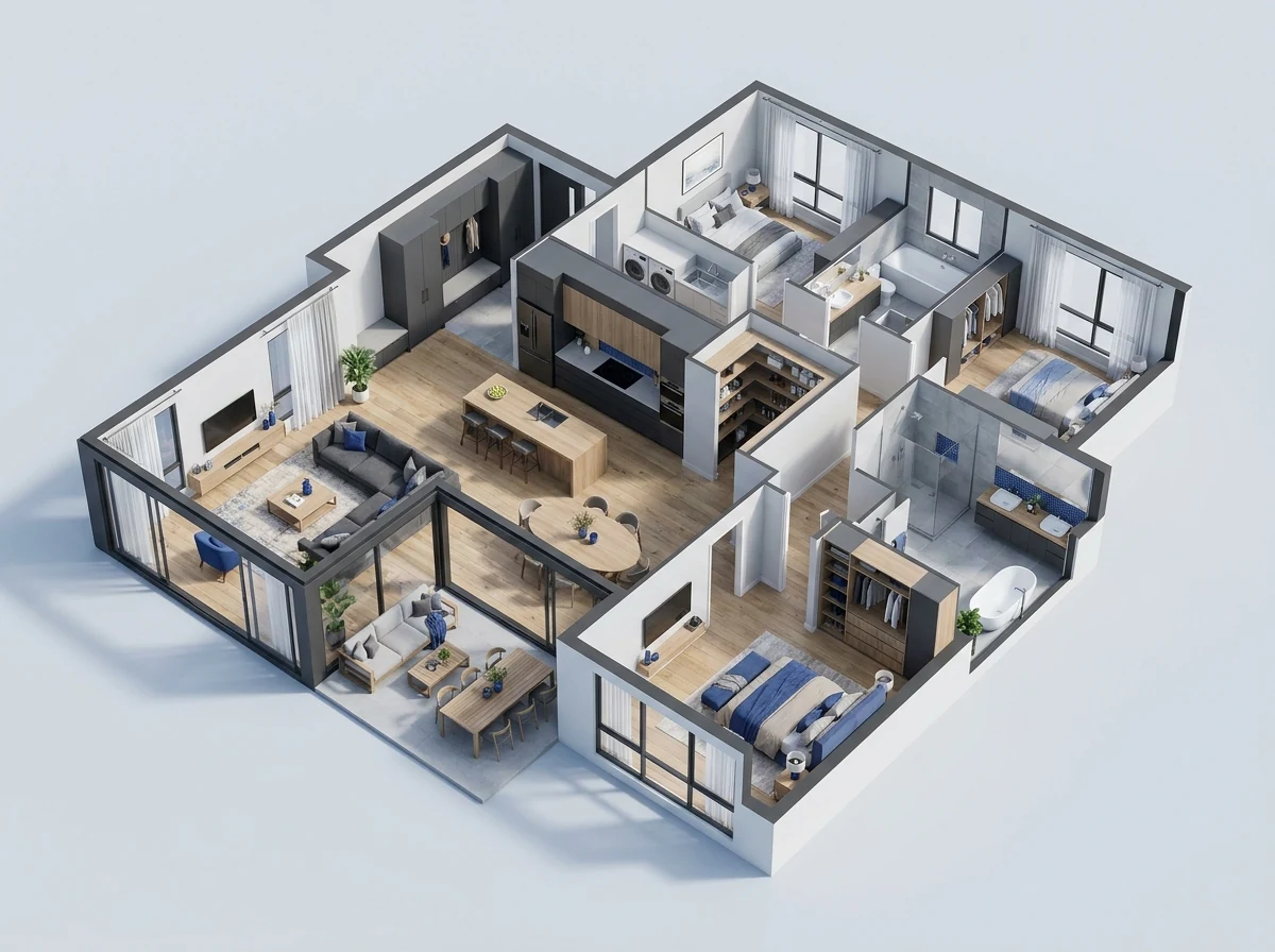Axonometric furnished floor plan for Small family home